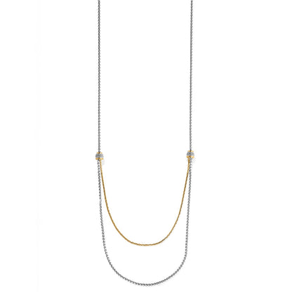Brighton two-tone layered chain necklace with crystal-set beaded stations and draped gold and silver strands on a white background