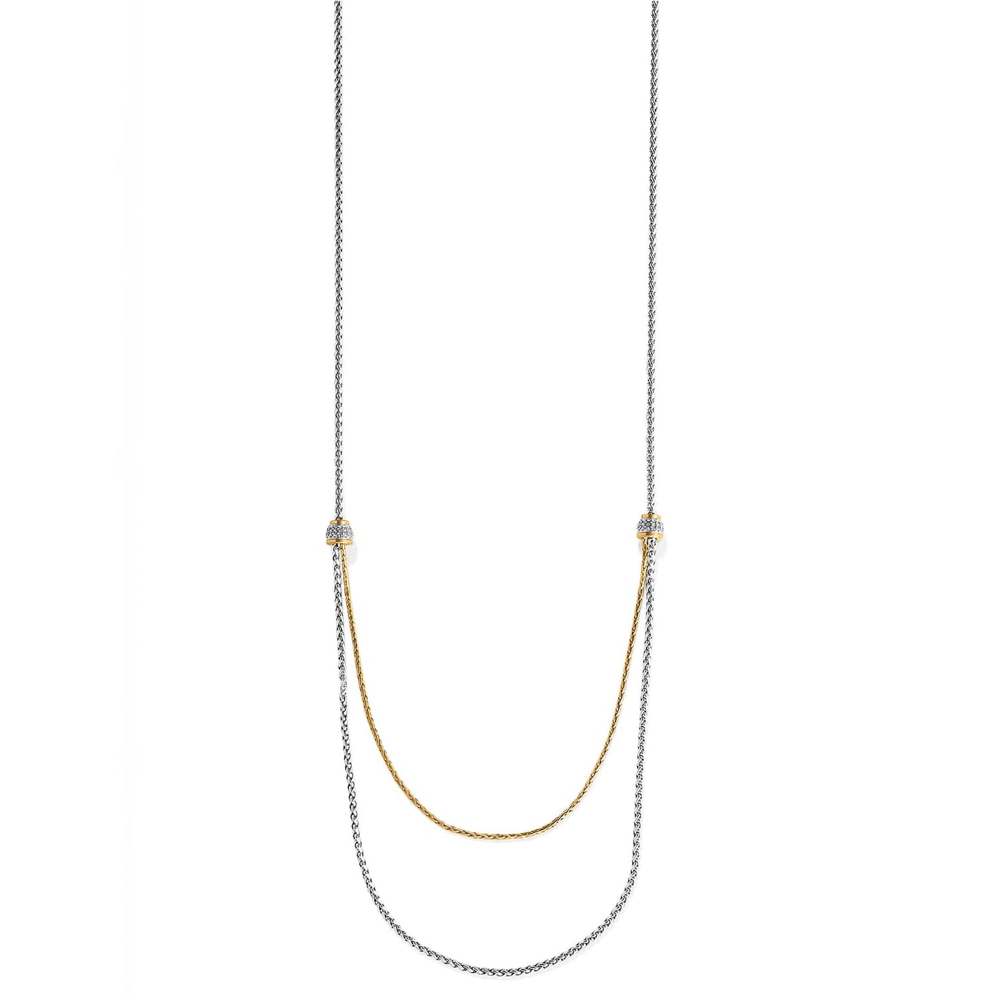 Brighton two-tone layered chain necklace with crystal-set beaded stations and draped gold and silver strands on a white background