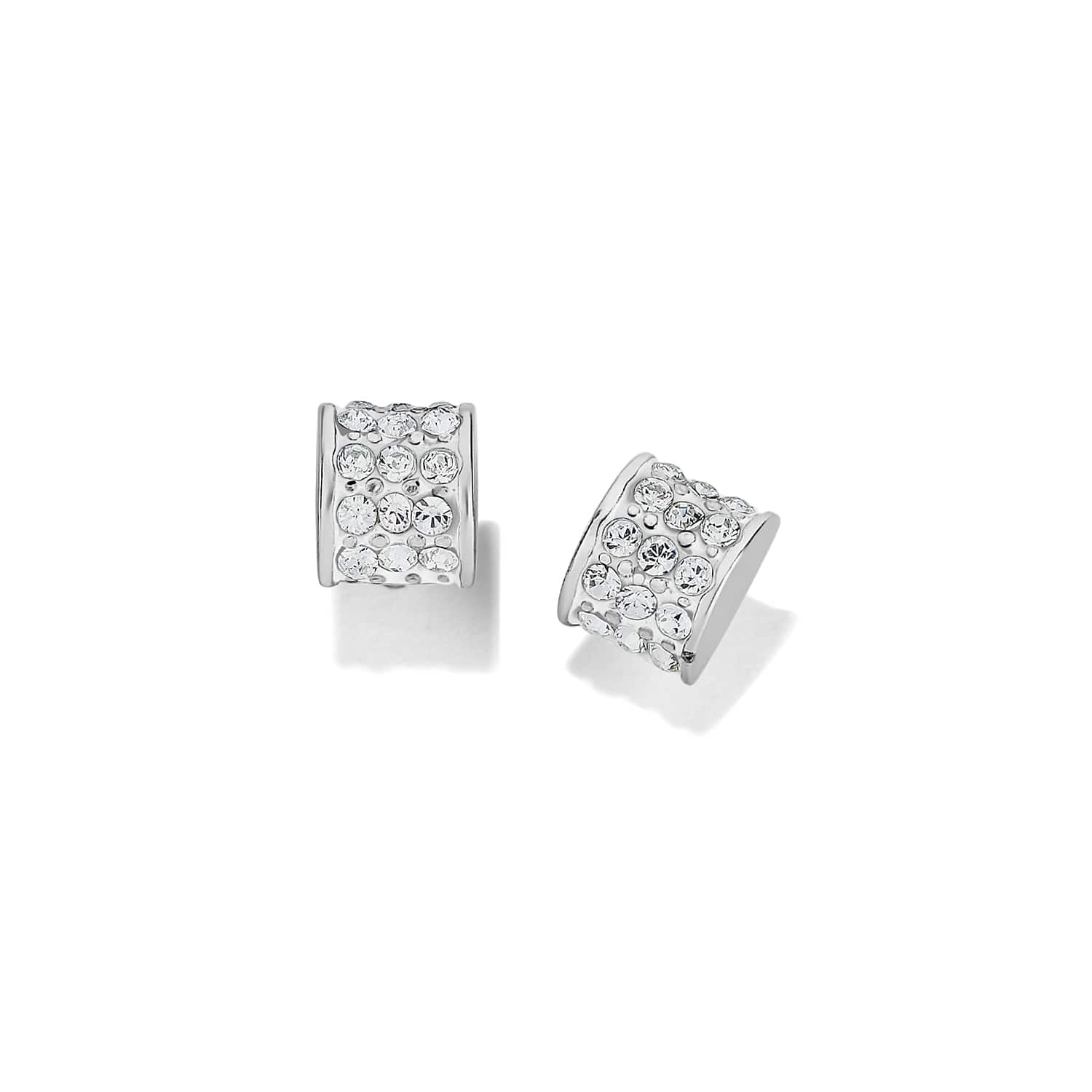 Brighton hoop earrings with silver-plated bands and pavé crystal detailing across wide fronts on a white background