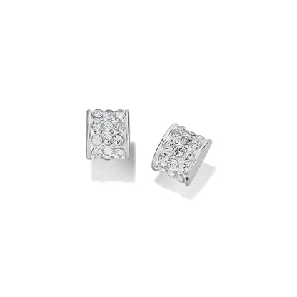 Brighton hoop earrings with silver-plated bands and pavé crystal detailing across wide fronts on a white background