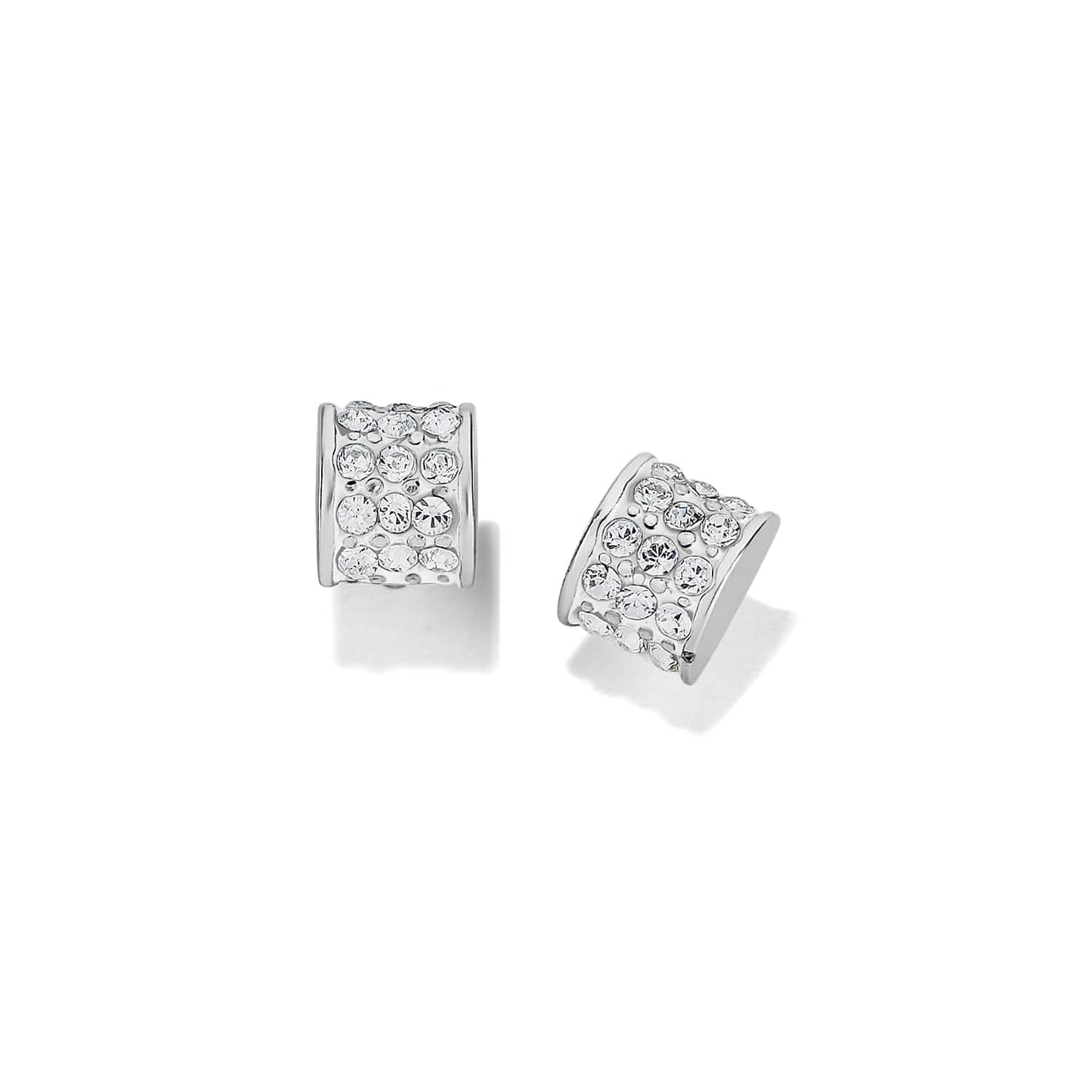 Brighton hoop earrings with silver-plated bands and pavé crystal detailing across wide fronts on a white background