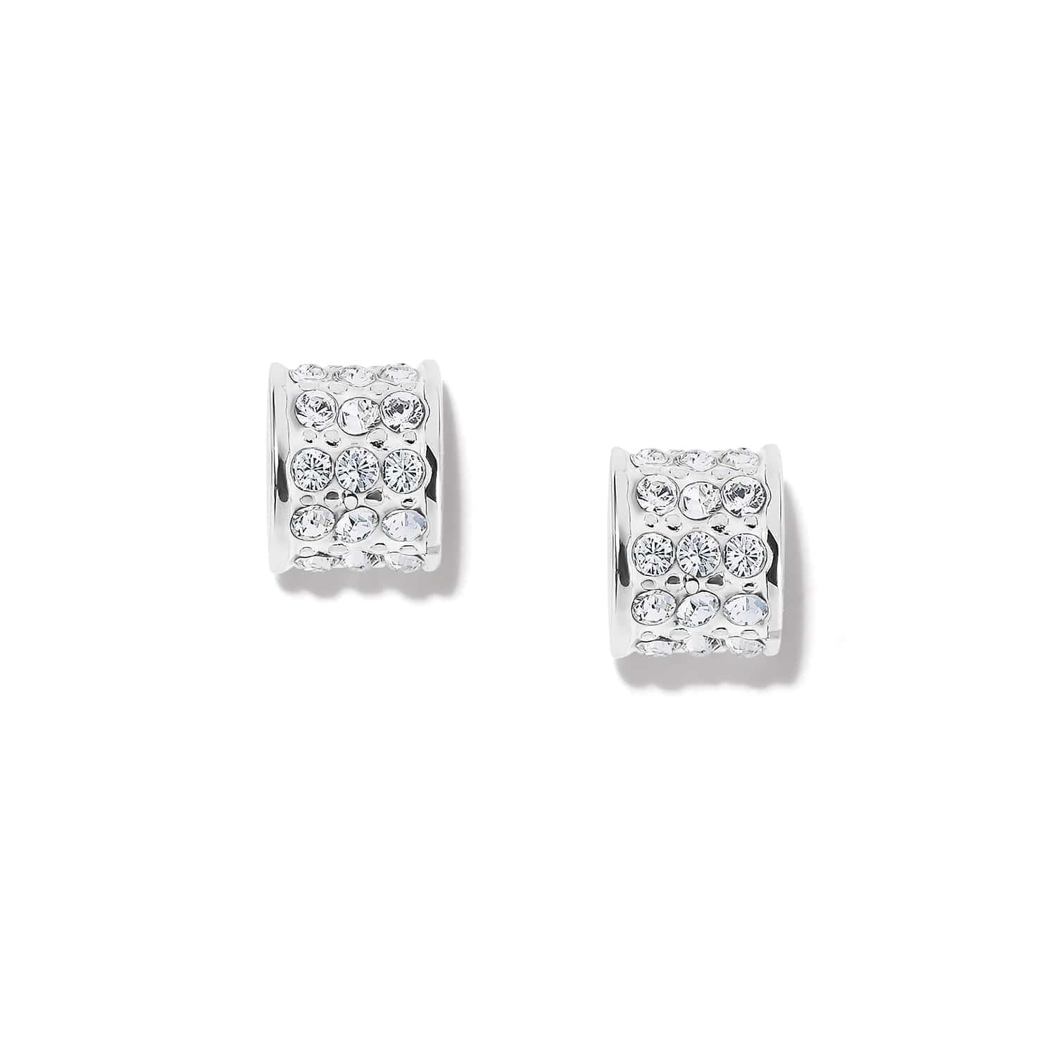 Brighton hoop earrings with pavé crystals set in silver-plated wide bands on a white background