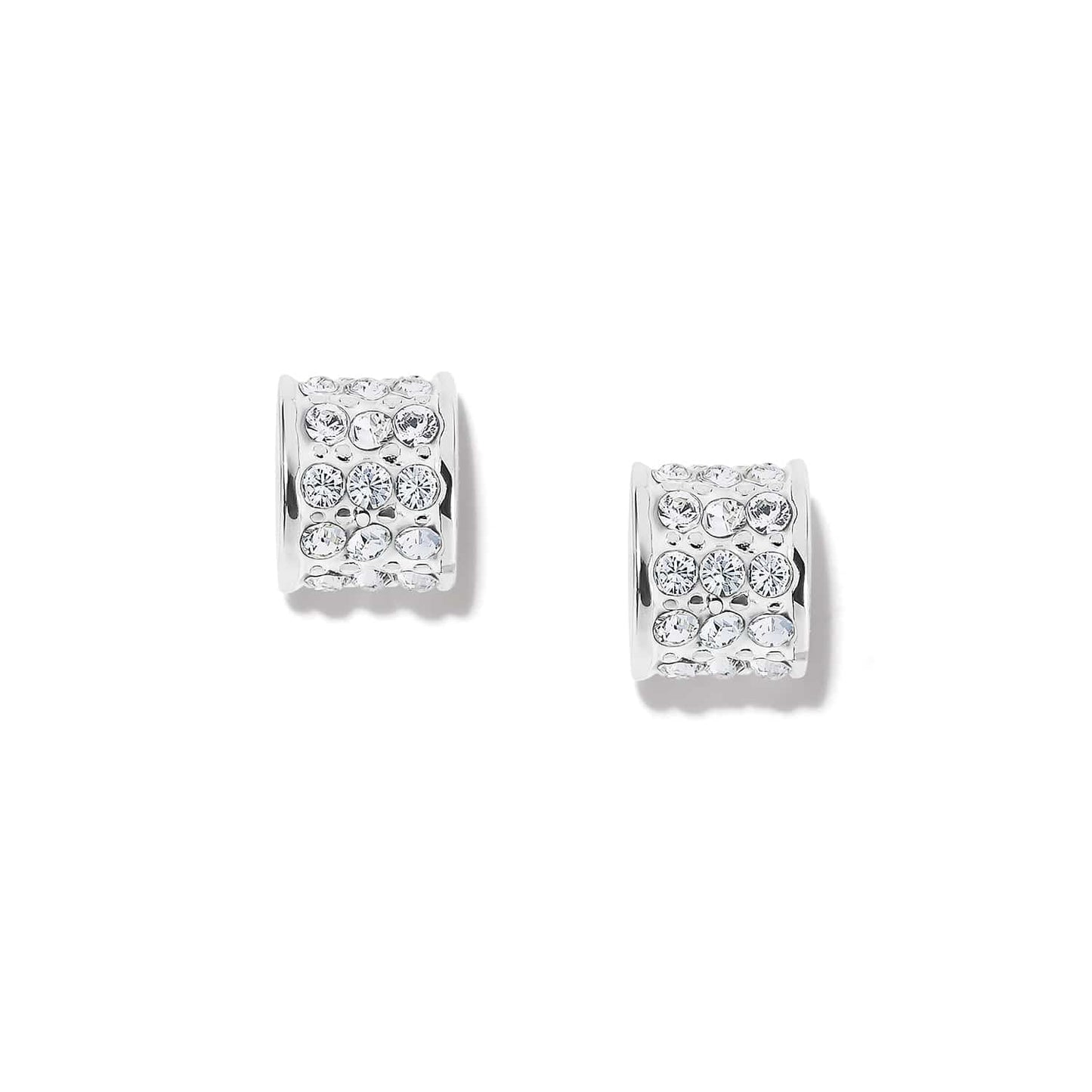 Brighton hoop earrings with pavé crystals set in silver-plated wide bands on a white background