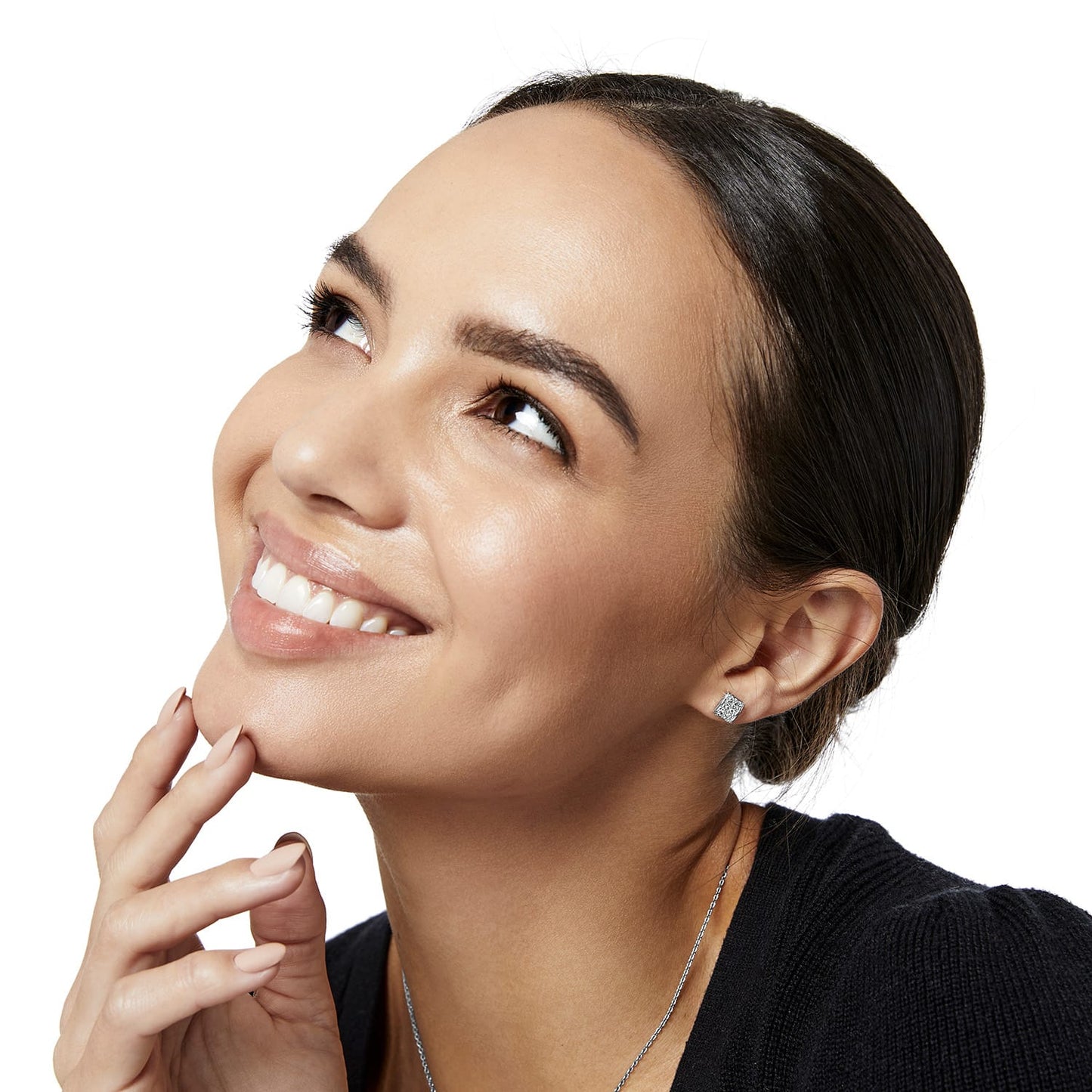 Model wearing Brighton silver-plated square stud earrings with crystal accents and a delicate silver-plated chain necklace