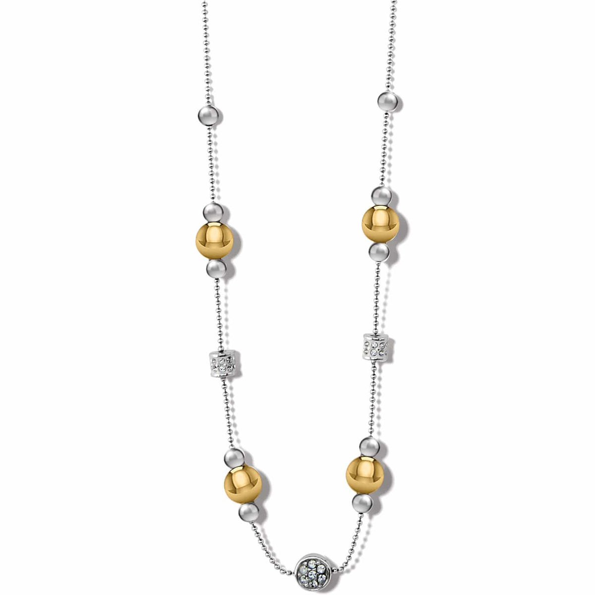 Brighton two-tone beaded station necklace with gold and silver spheres and crystal accents on a white background