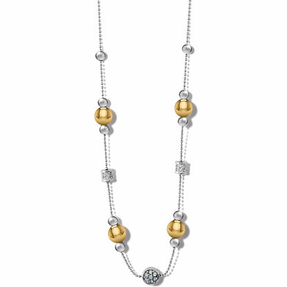 Brighton two-tone beaded station necklace with gold and silver spheres and crystal accents on a white background