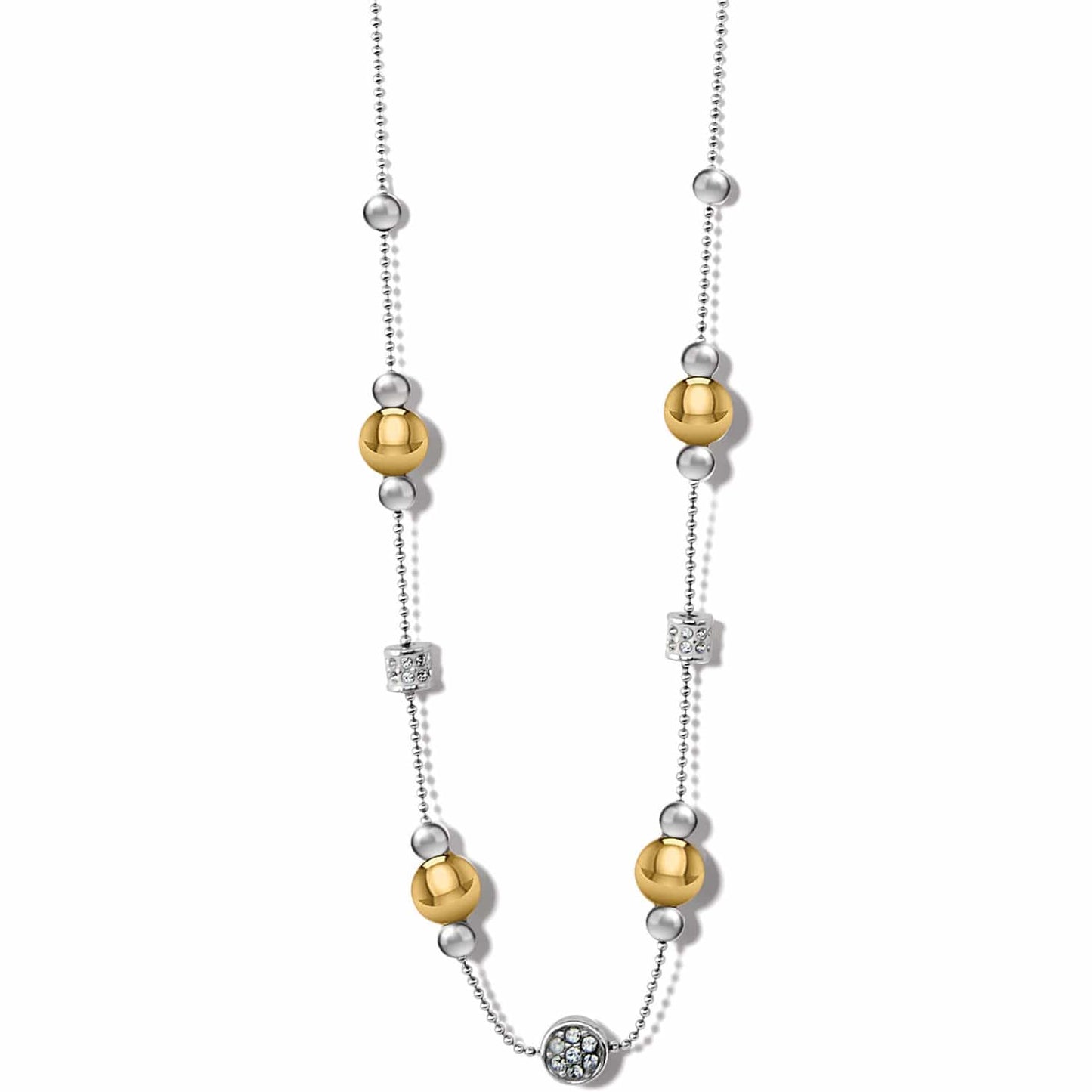 Brighton two-tone beaded station necklace with gold and silver spheres and crystal accents on a white background