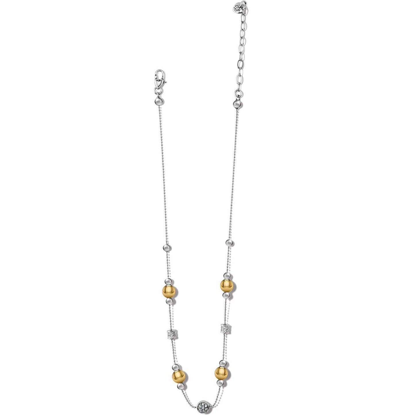 Brighton two-tone beaded necklace with gold and silver-tone spheres and crystal accents on a white background