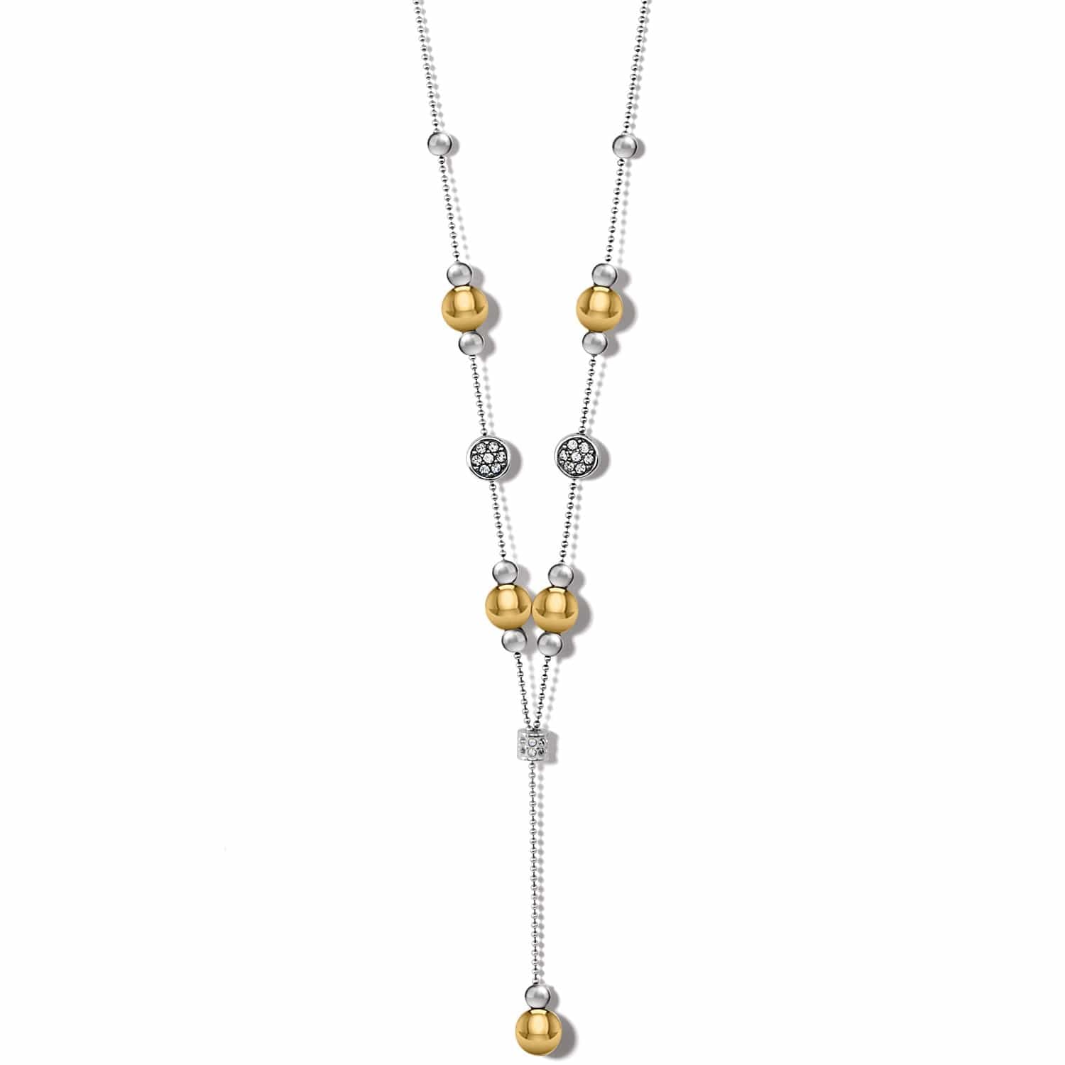 Brighton two-tone layered necklace with silver and gold beads, crystal accents, and Y-shaped drop on a white background