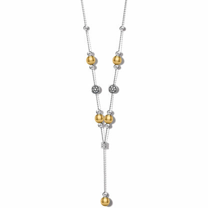 Brighton two-tone layered necklace with silver and gold beads, crystal accents, and Y-shaped drop on a white background