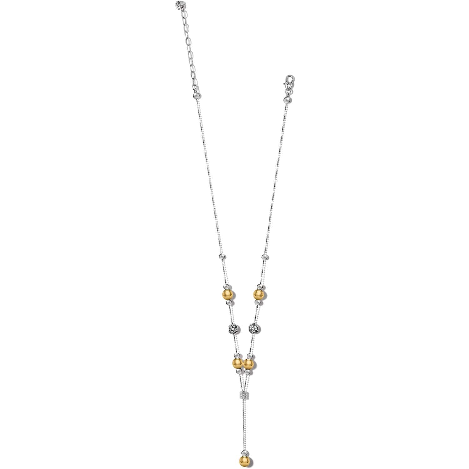 Brighton two-tone Y-drop necklace with silver and gold beads and crystal accents on a white background