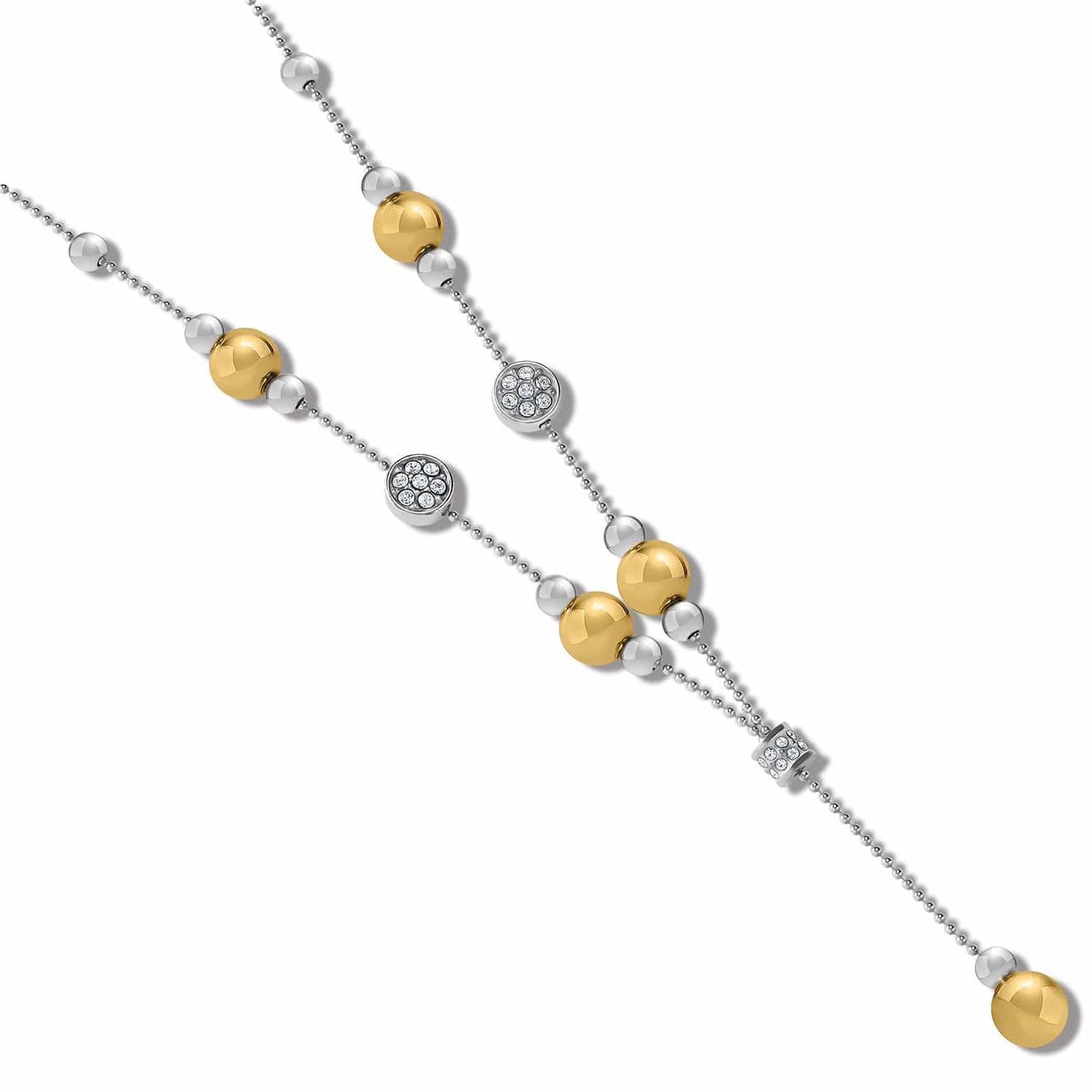 Brighton two-tone beaded necklace with gold and silver spheres and crystal-set rondelles on a white background