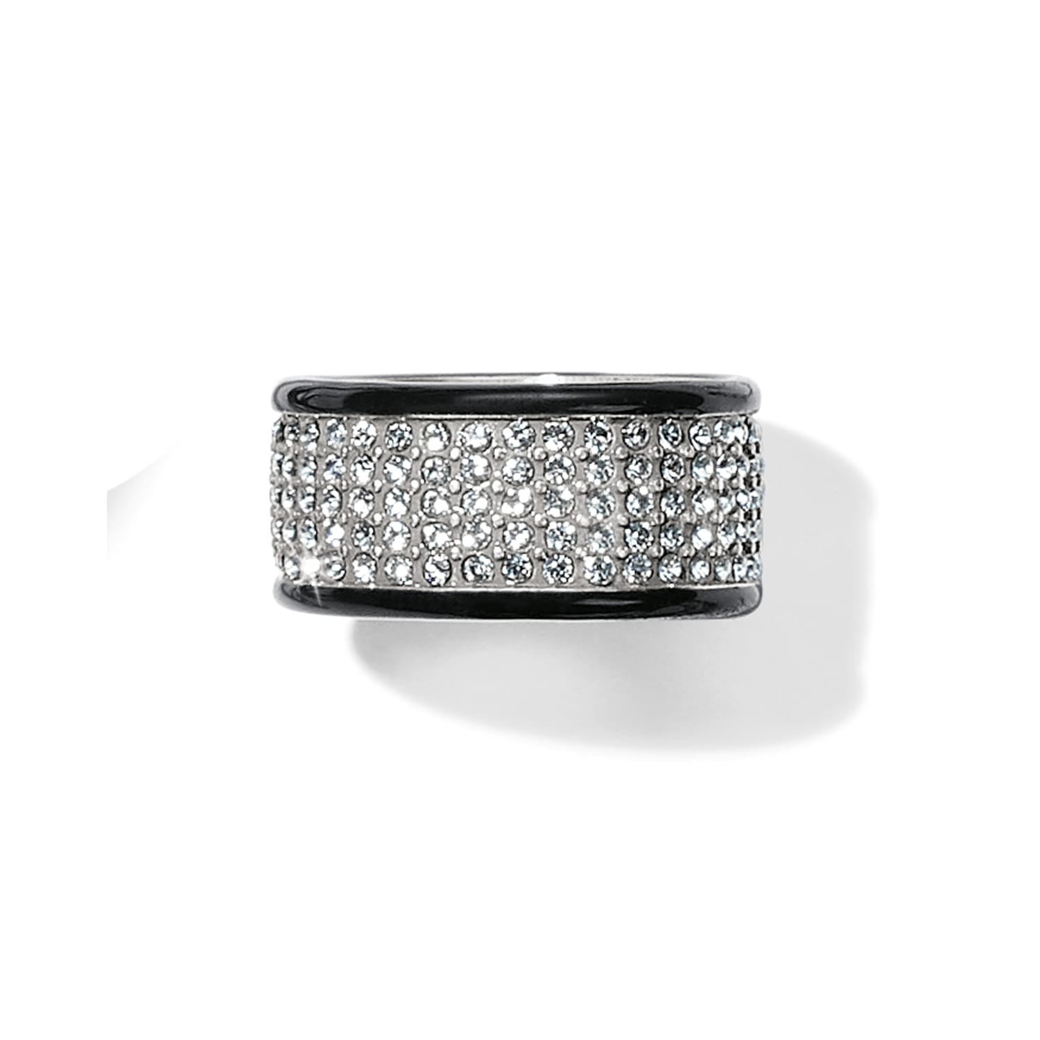 Brighton wide band ring with pavé crystal center and black lacquer silver-plated edges on a white background