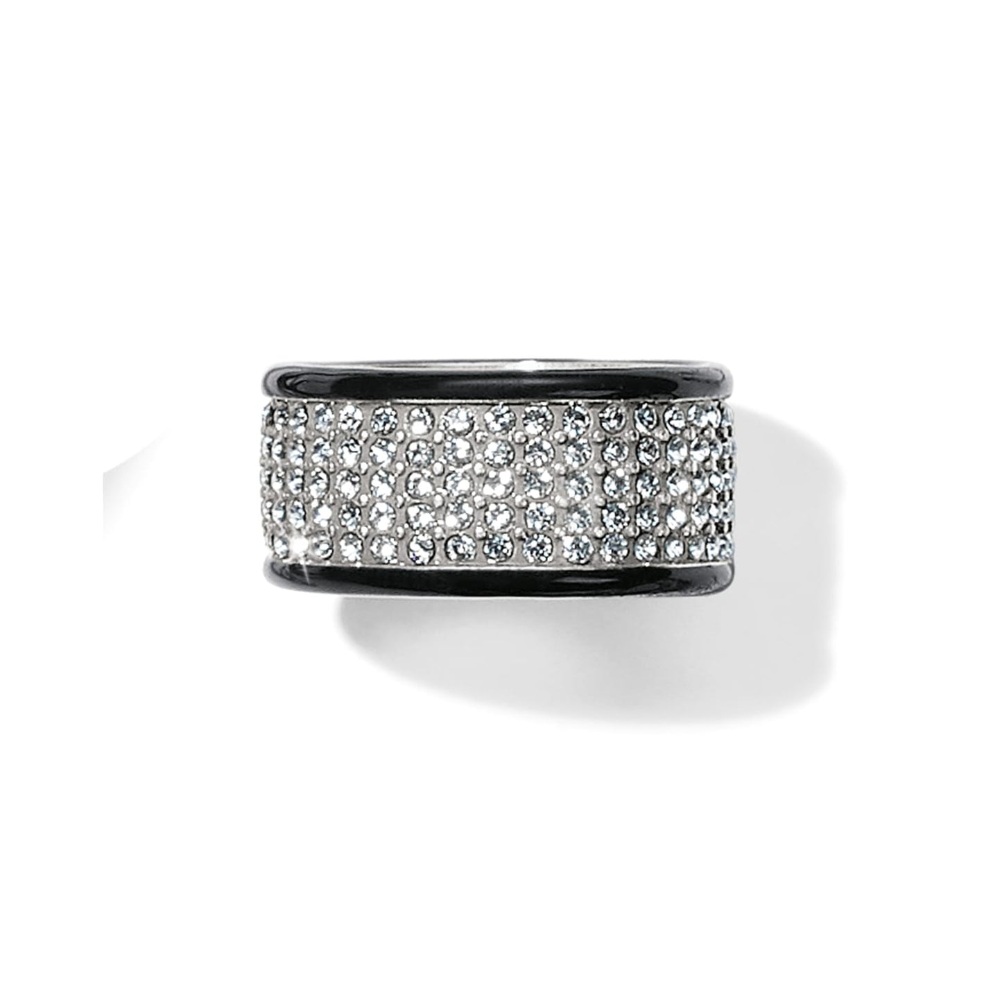 Brighton wide band ring with pavé crystal center and black lacquer silver-plated edges on a white background
