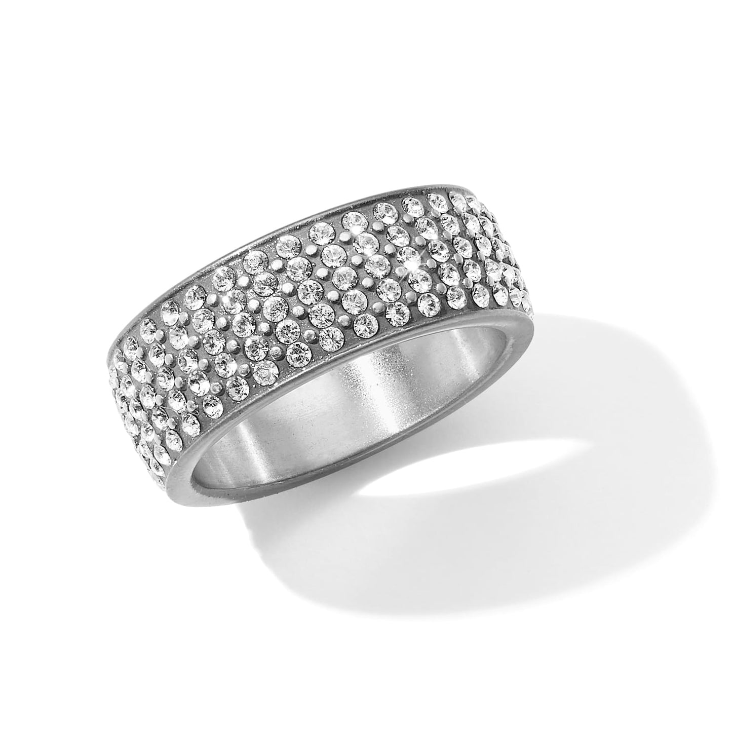 Brighton silver-tone band ring with multiple rows of pavé crystal accents across the top on a white background