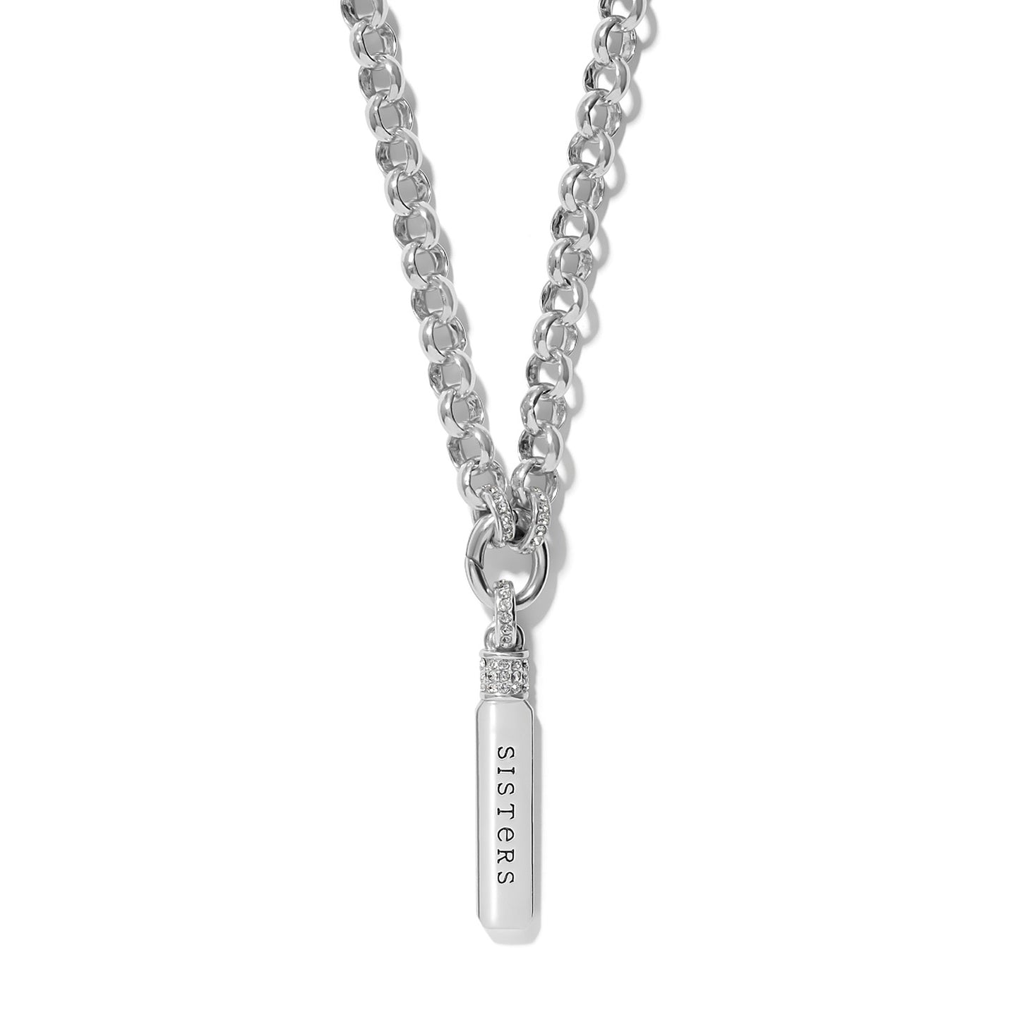 Brighton pendant necklace with silver-plated rolo chain and engraved SISTERS bar charm with crystal accents on a white background
