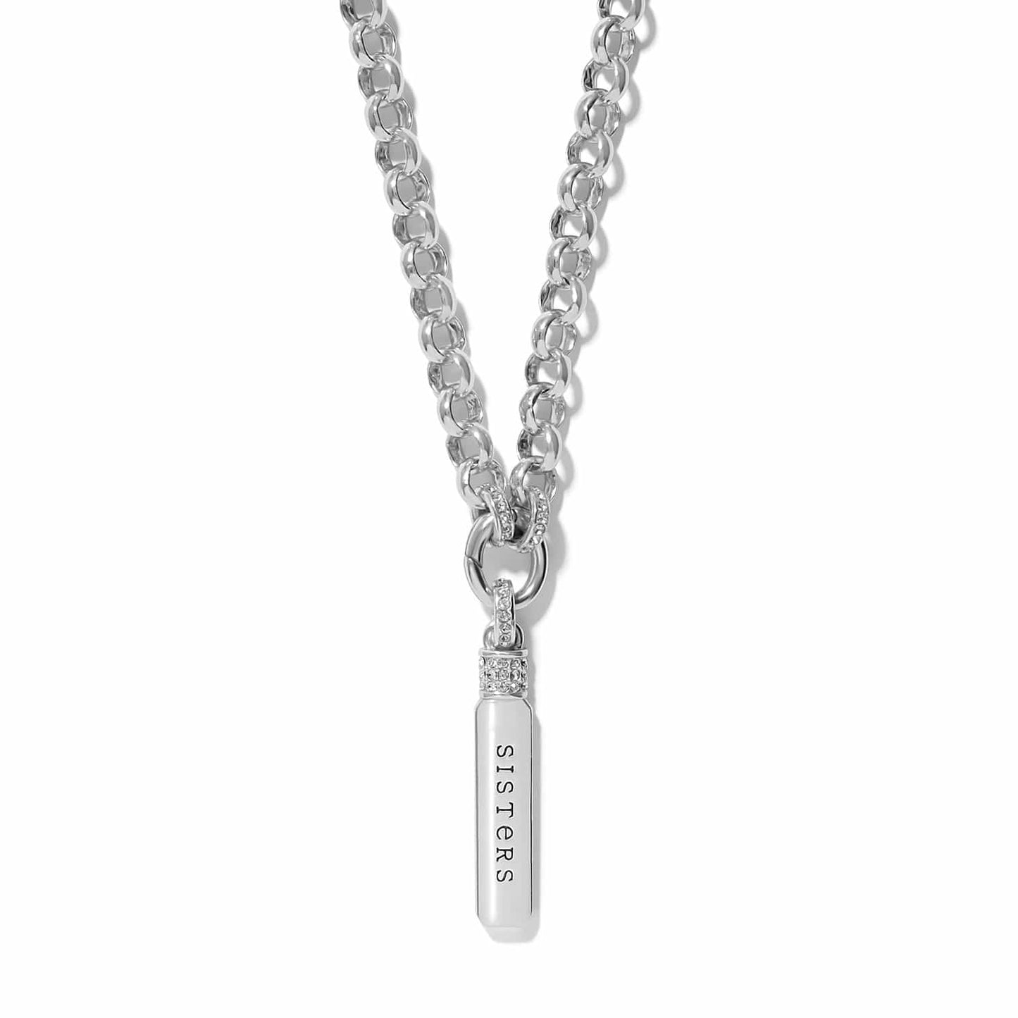 Brighton pendant necklace with silver-plated rolo chain and engraved SISTERS bar charm with crystal accents on a white background