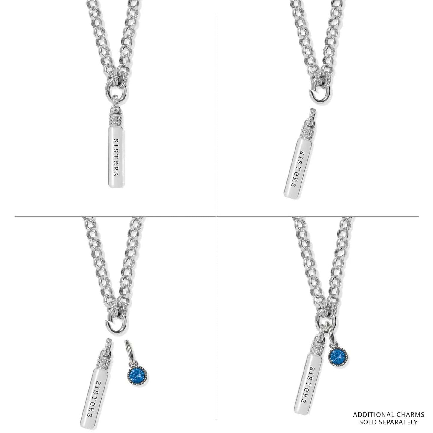 Brighton silver-plated pendant necklace with engraved Sisters bar charm and blue crystal charm shown in four views on a white background