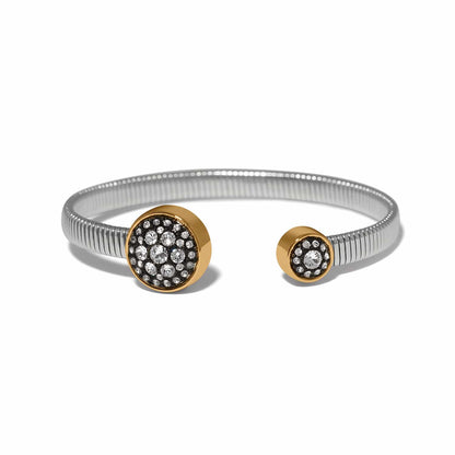 Brighton two-tone cuff bracelet with gold-tone crystal-set discs and silver-tone ribbed band on a white background