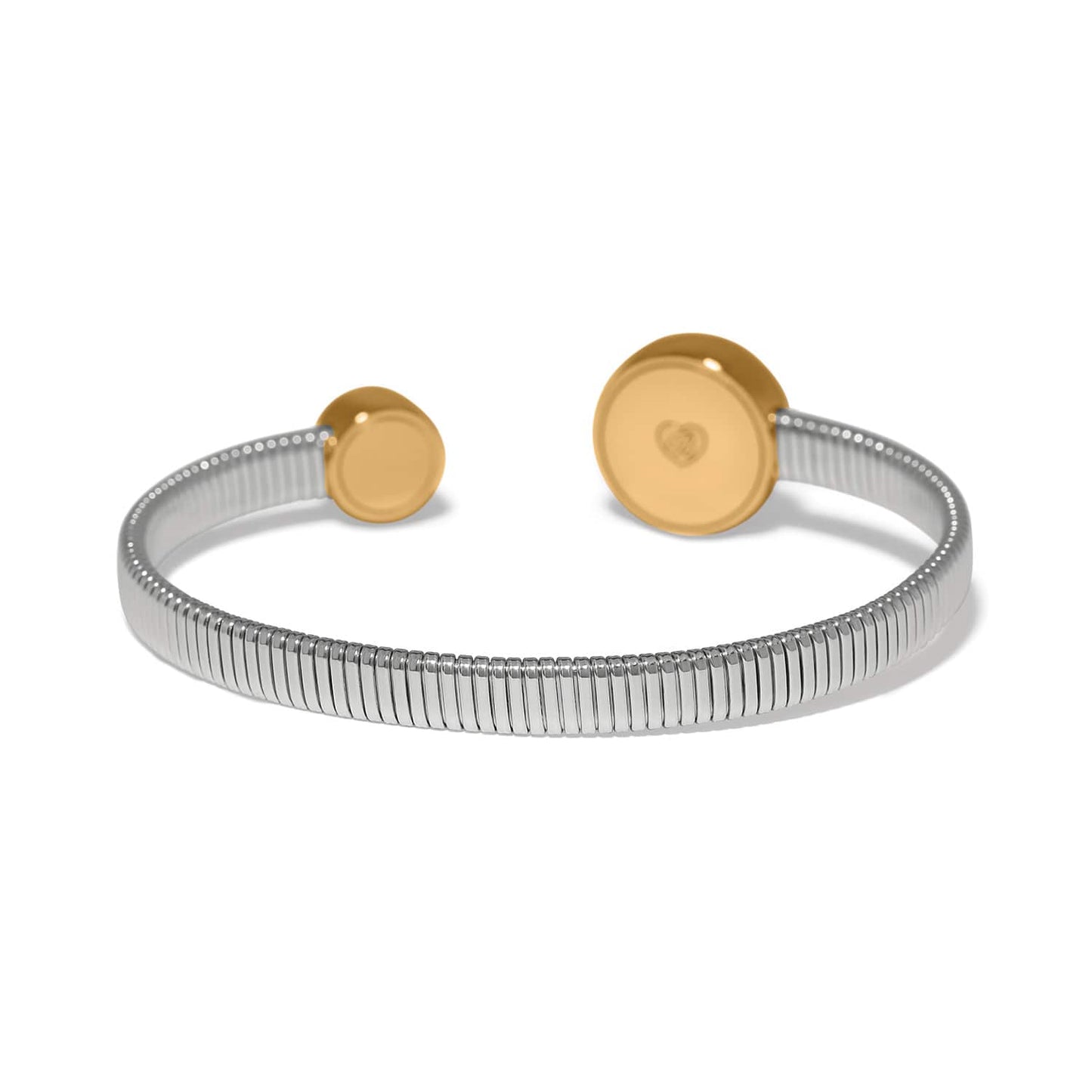 Brighton two-tone cuff bracelet with silver ribbed band and gold-tone round disc ends on a white background