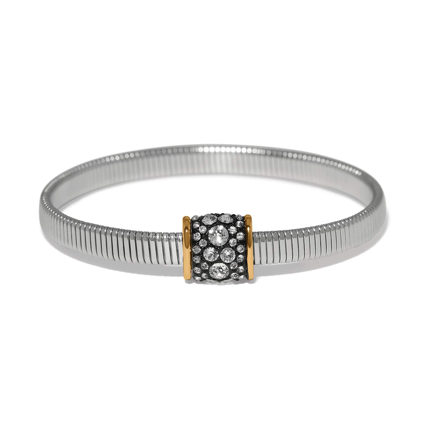 Brighton stretch bracelet with silver-tone band and gold-accented crystal pavé centerpiece on a white background