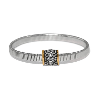 Brighton stretch bracelet with silver-tone band and gold-accented crystal pavé centerpiece on a white background