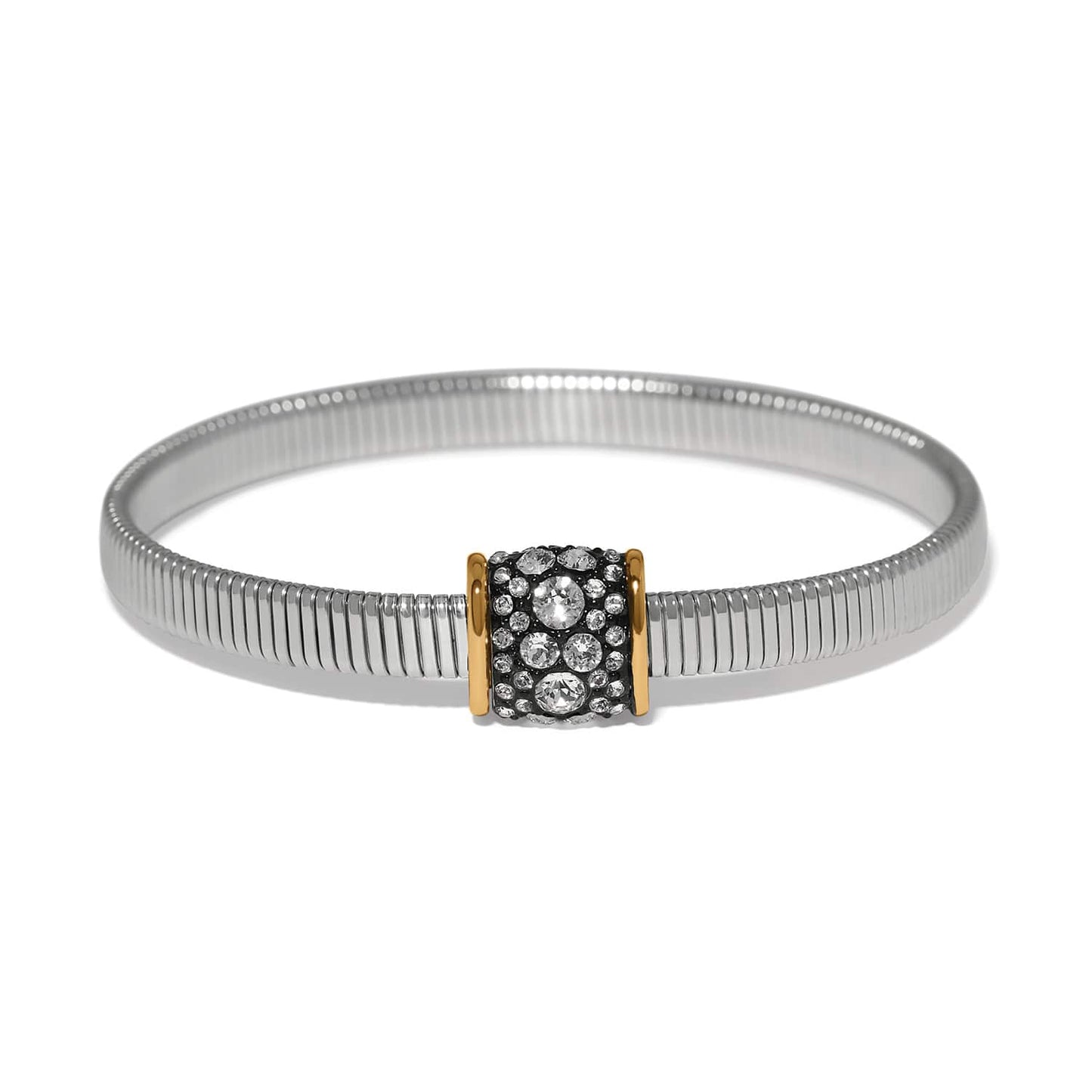 Brighton stretch bracelet with silver-tone band and gold-accented crystal pavé centerpiece on a white background