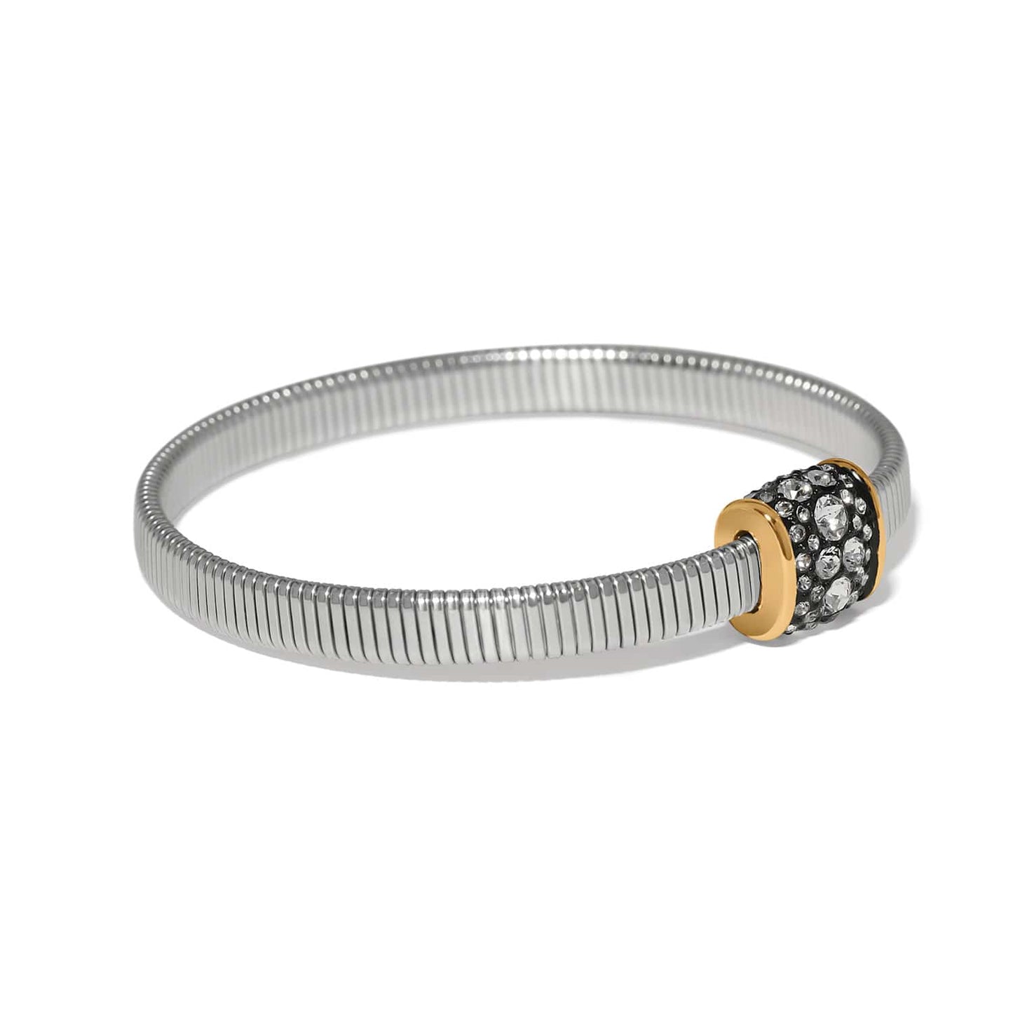 Brighton two-tone stretch bracelet with silver-tone band and gold accent featuring crystal-encrusted station on a white background