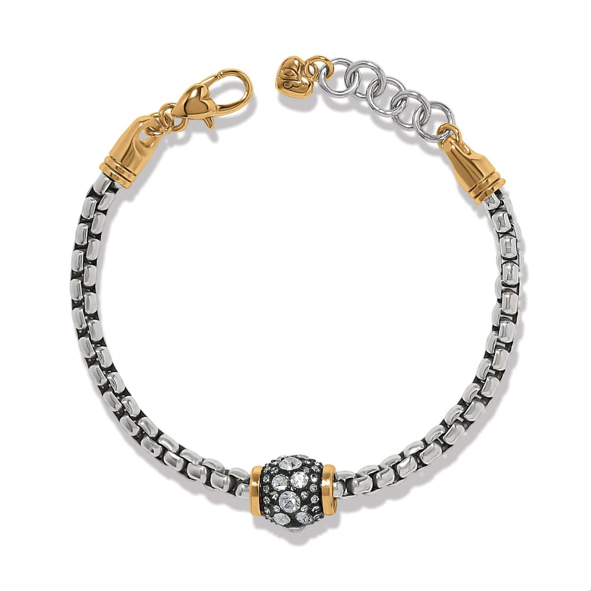 Brighton bracelet with two-tone chain, crystal beaded centerpiece, and gold-tone lobster clasp on a white background