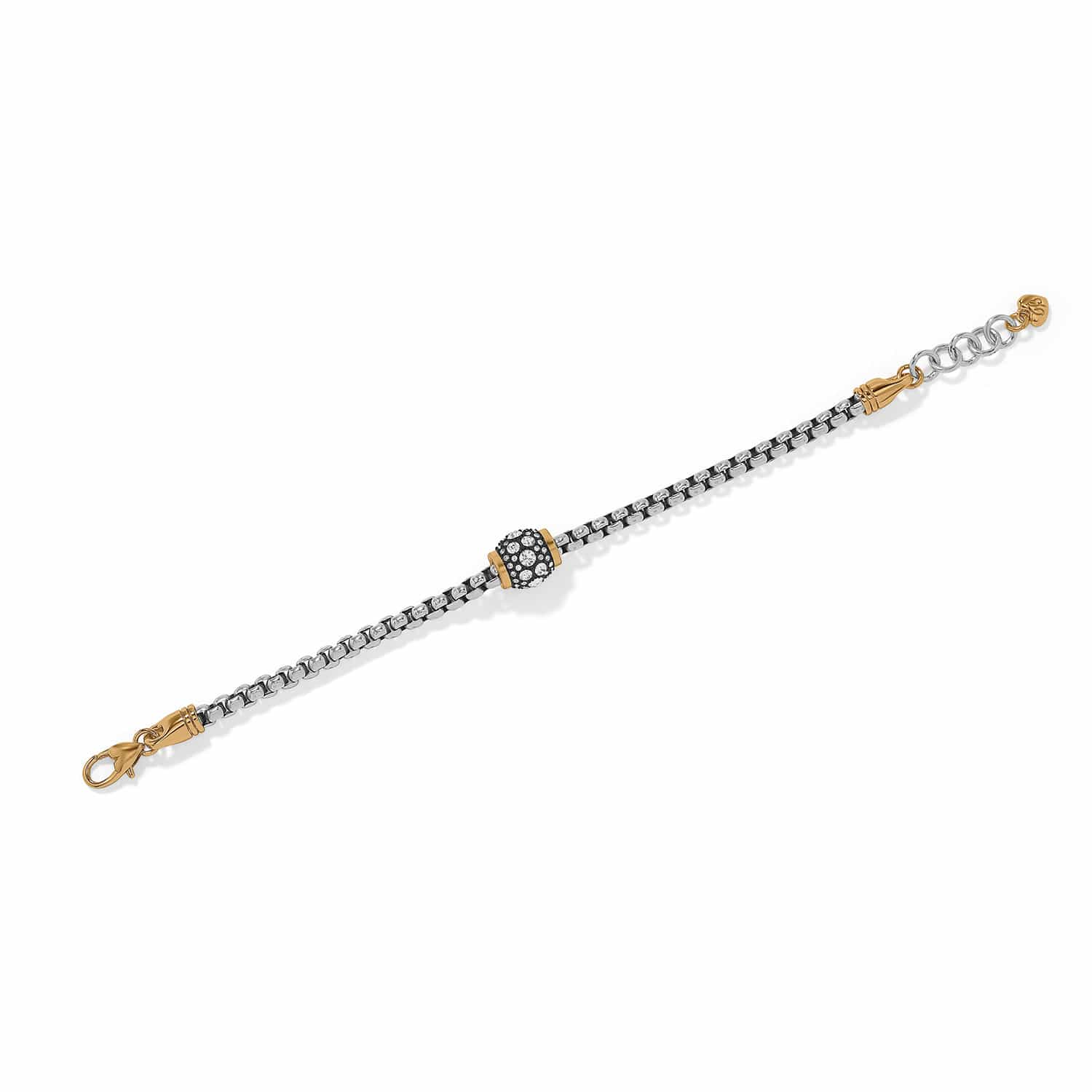 Brighton bracelet with two-tone chain, crystal-studded center bead, and gold-tone lobster clasp on a white background