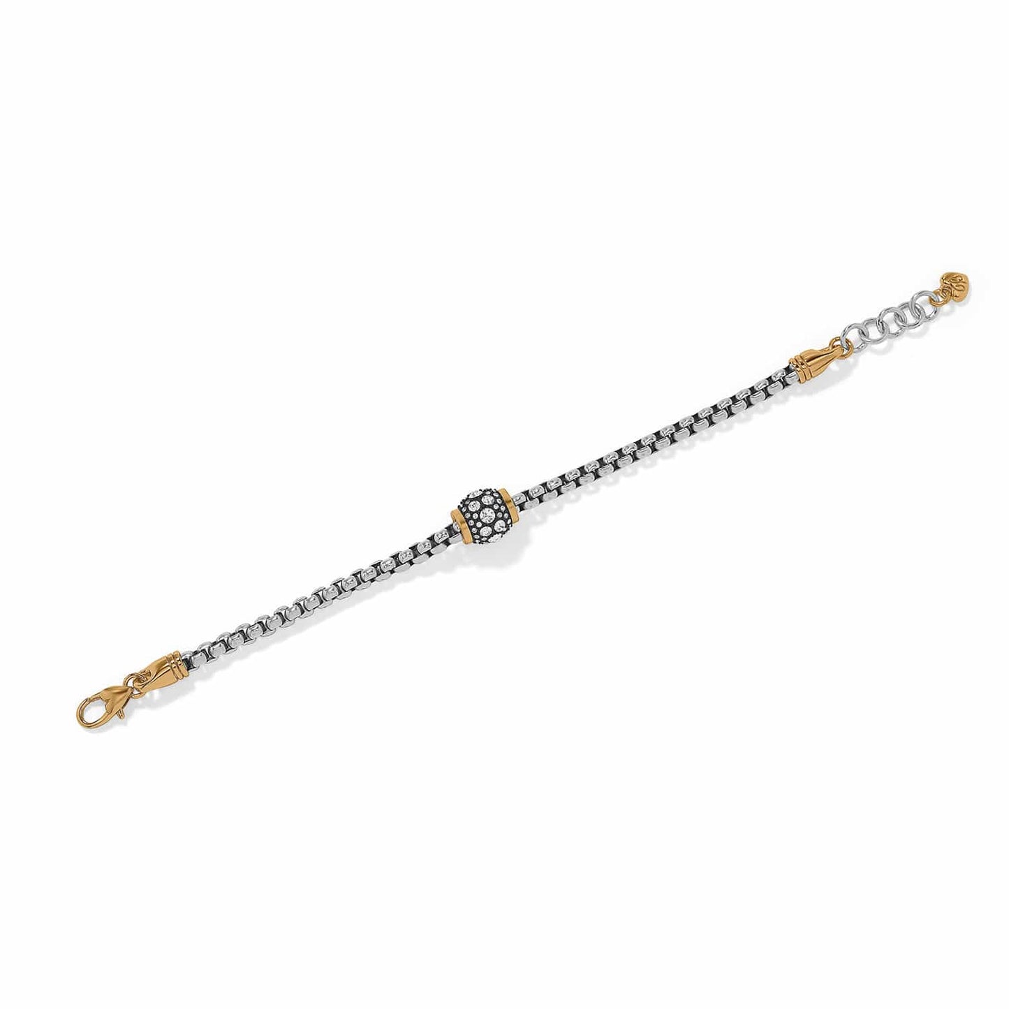 Brighton bracelet with two-tone chain, crystal-studded center bead, and gold-tone lobster clasp on a white background