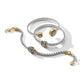 Brighton two-tone bracelets with crystal pave beads, gold-tone accents, and silver box chain on a white background