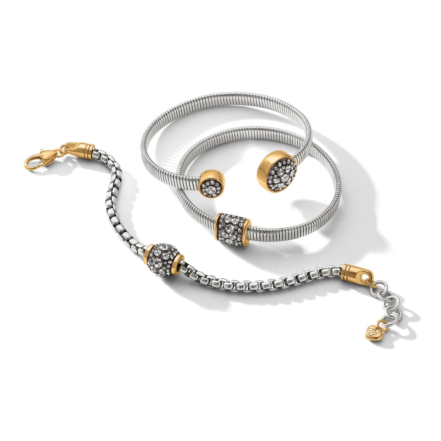 Brighton two-tone bracelets with crystal pave beads, gold-tone accents, and silver box chain on a white background