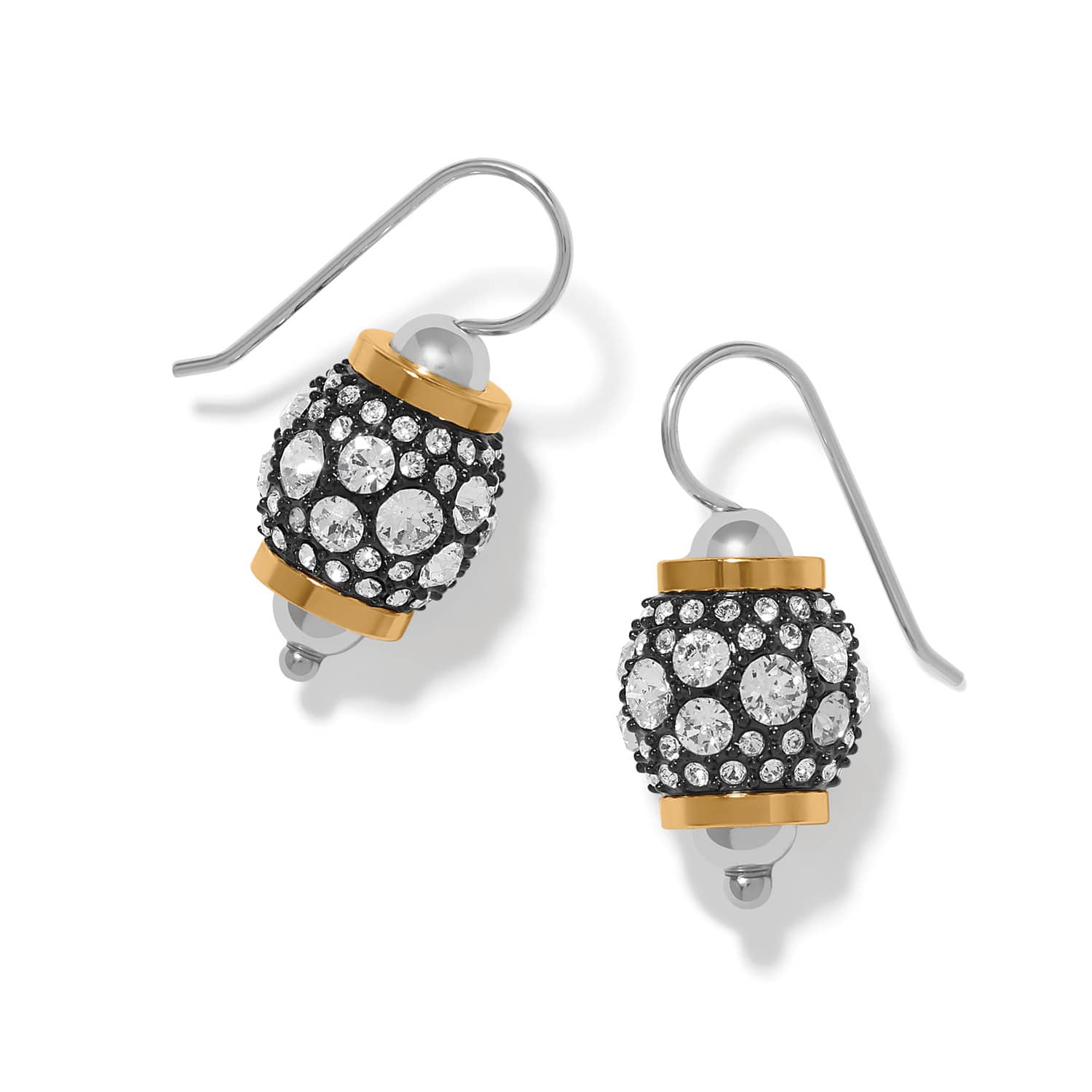 Brighton drop earrings with crystal-covered beads, two-tone silver and gold accents on a white background