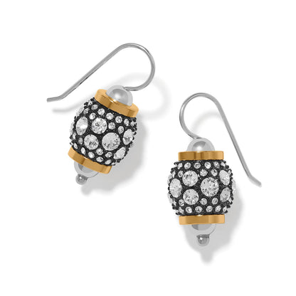 Brighton drop earrings with crystal-covered beads, two-tone silver and gold accents on a white background
