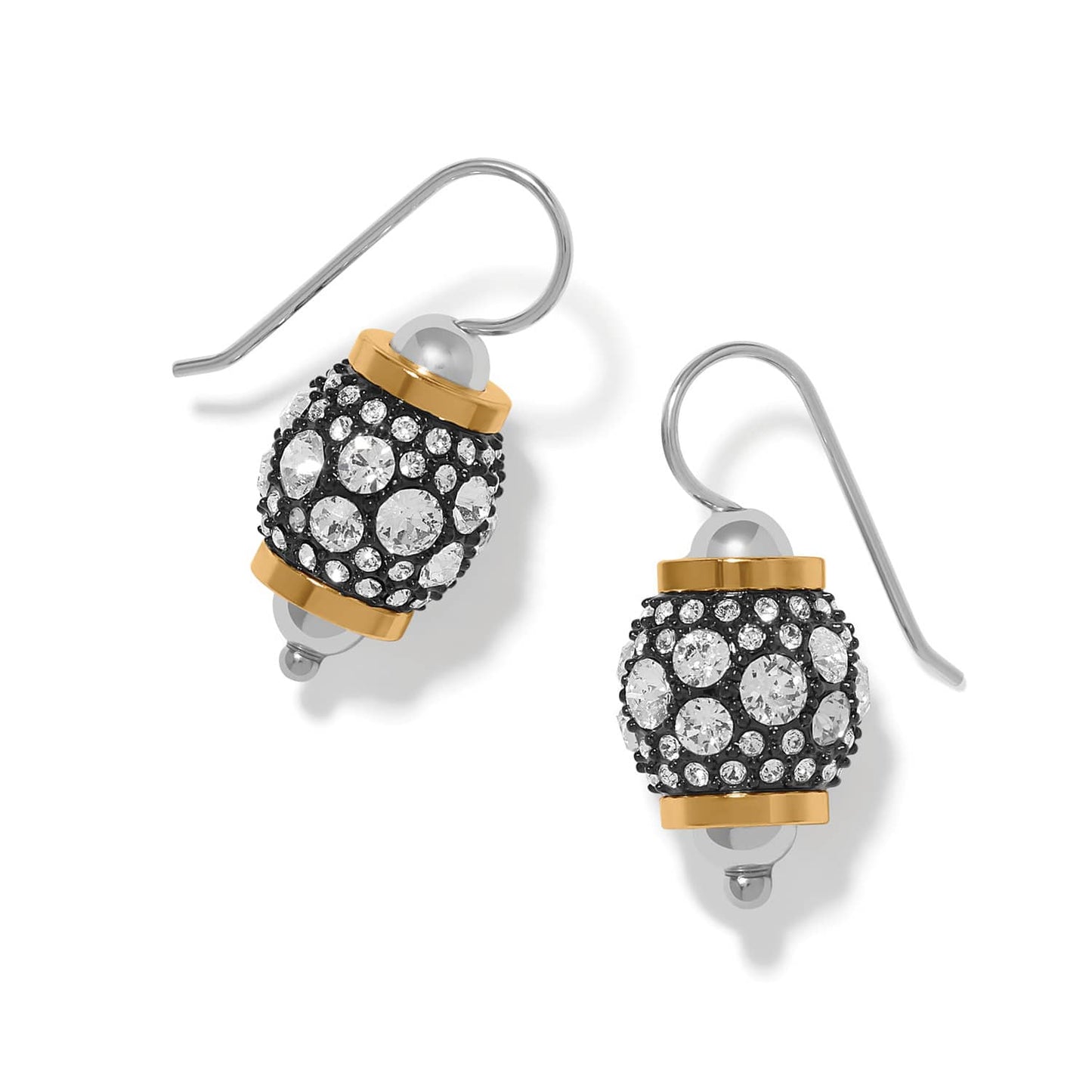 Brighton drop earrings with crystal-covered beads, two-tone silver and gold accents on a white background