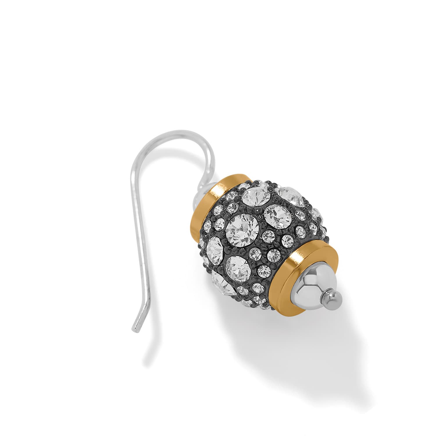 Brighton drop earrings with crystal-covered bead and two-tone gold and silver accents on a white background
