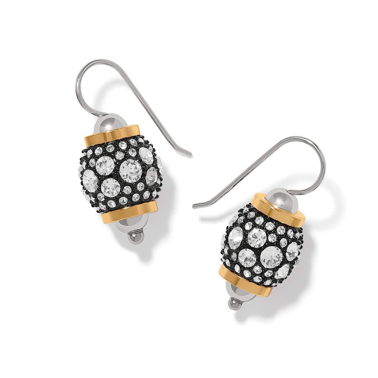 Brighton drop earrings with crystal-encrusted beads and two-tone silver and gold accents on a white background