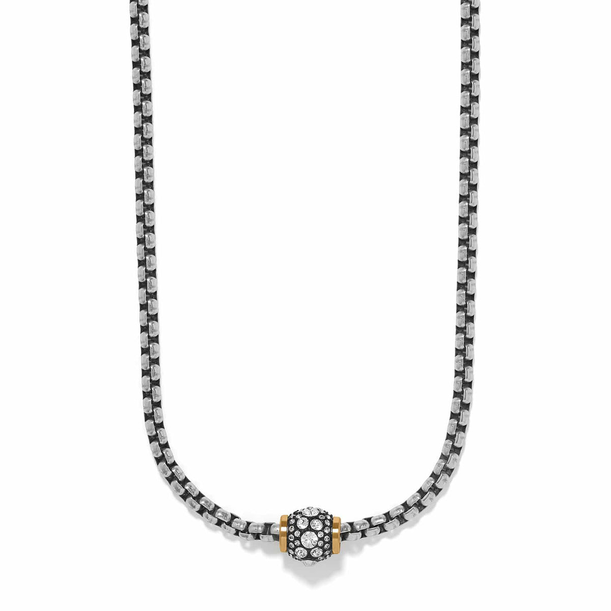 Brighton necklace with silver-tone box chain and two-tone crystal pavé bead pendant on a white background