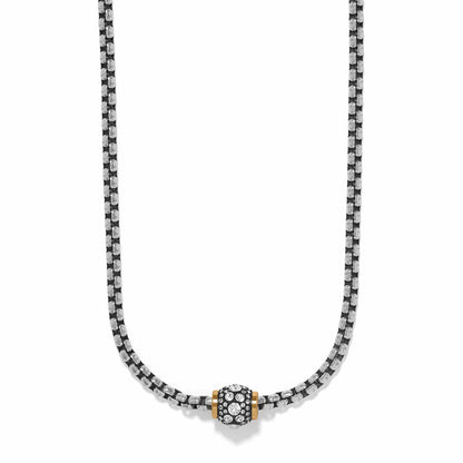 Brighton necklace with silver-tone box chain and two-tone crystal pavé bead pendant on a white background