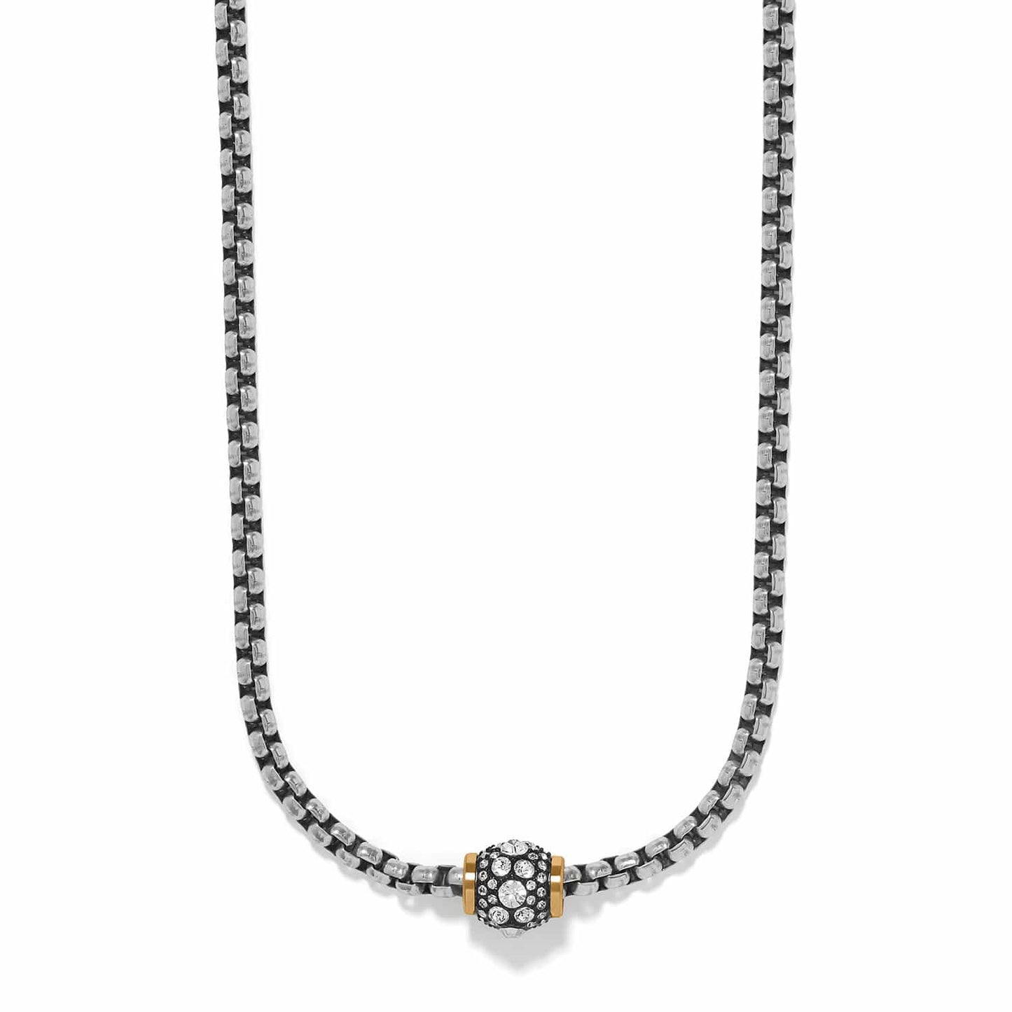 Brighton necklace with silver-tone box chain and two-tone crystal pavé bead pendant on a white background