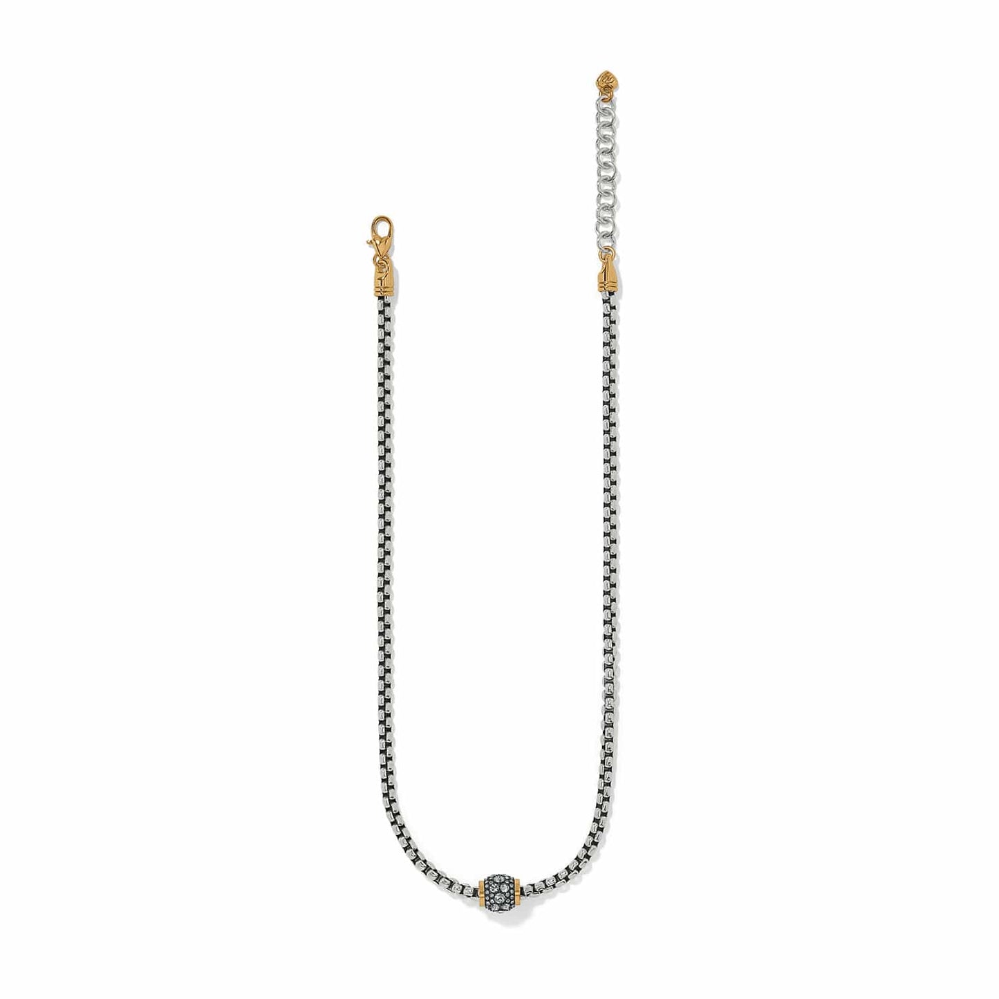 Brighton two-tone necklace with silver box chain, gold clasp, and central crystal bead station on a white background