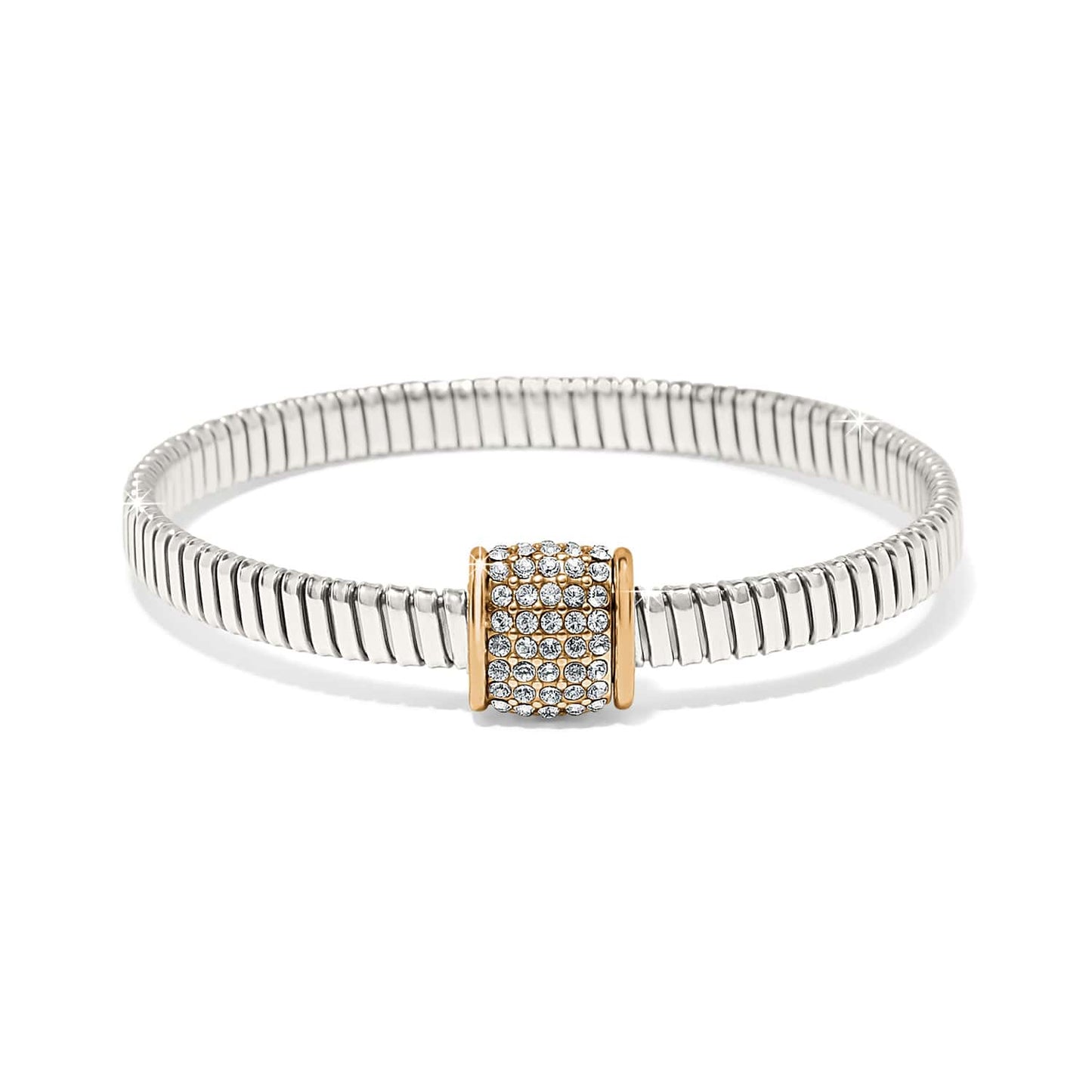 Brighton bangle bracelet with silver-plated ribbed band and gold-plated crystal pavé station on a white background