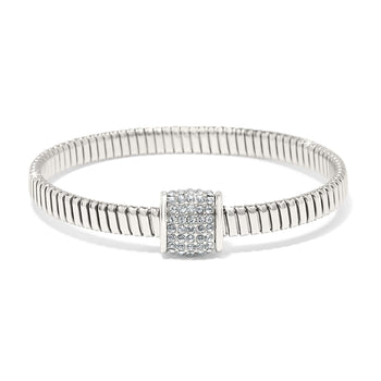 Brighton bangle bracelet with silver-plated flexible band and crystal pavé centerpiece on a white background