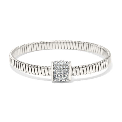 Brighton bangle bracelet with silver-plated flexible band and crystal pavé centerpiece on a white background