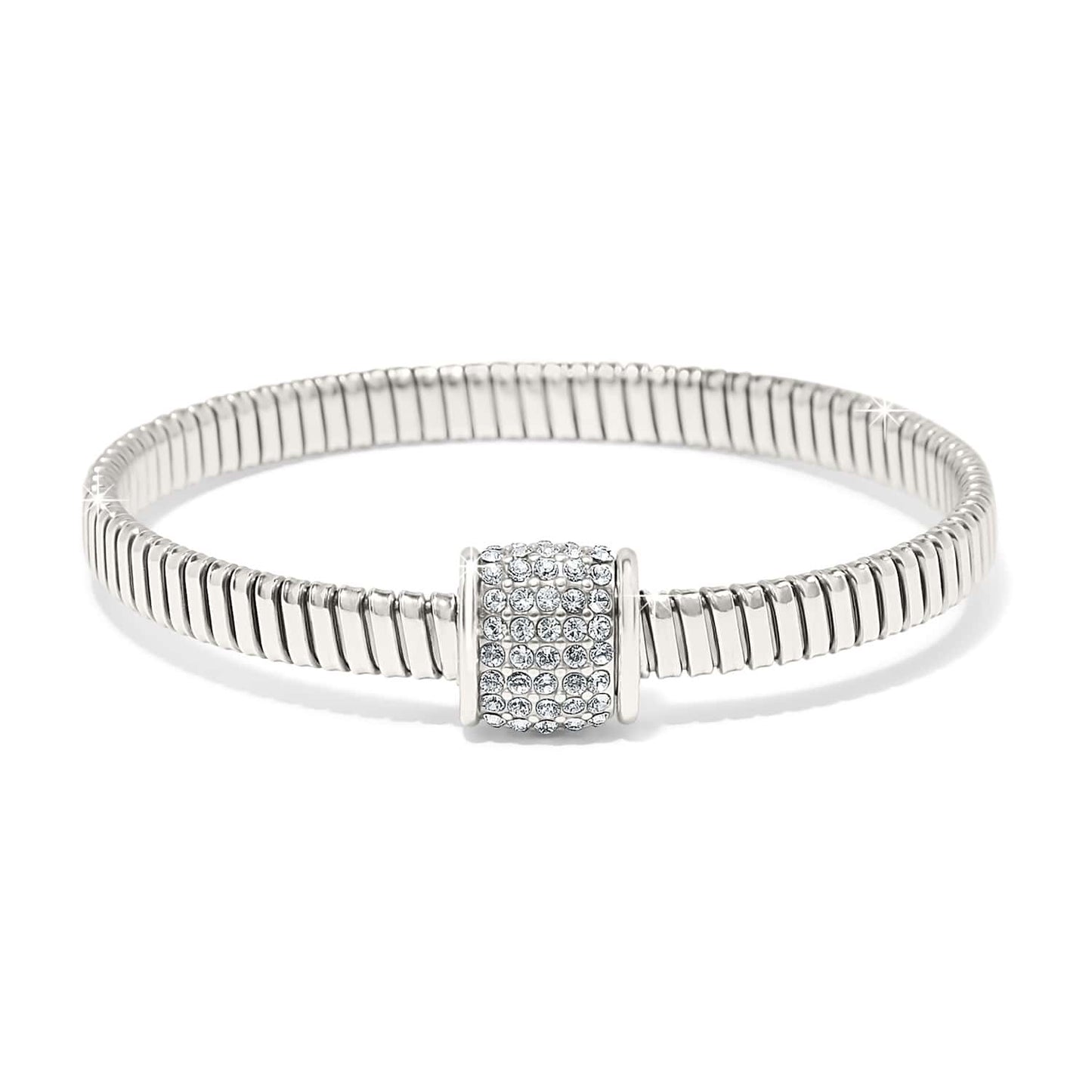 Brighton bangle bracelet with silver-plated flexible band and crystal pavé centerpiece on a white background