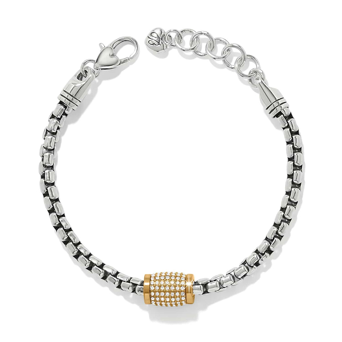 Brighton silver-tone chain bracelet with gold-tone crystal pavé barrel bead and lobster clasp on a white background