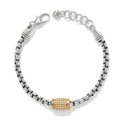 Brighton silver-tone chain bracelet with gold-tone crystal pavé barrel bead and lobster clasp on a white background