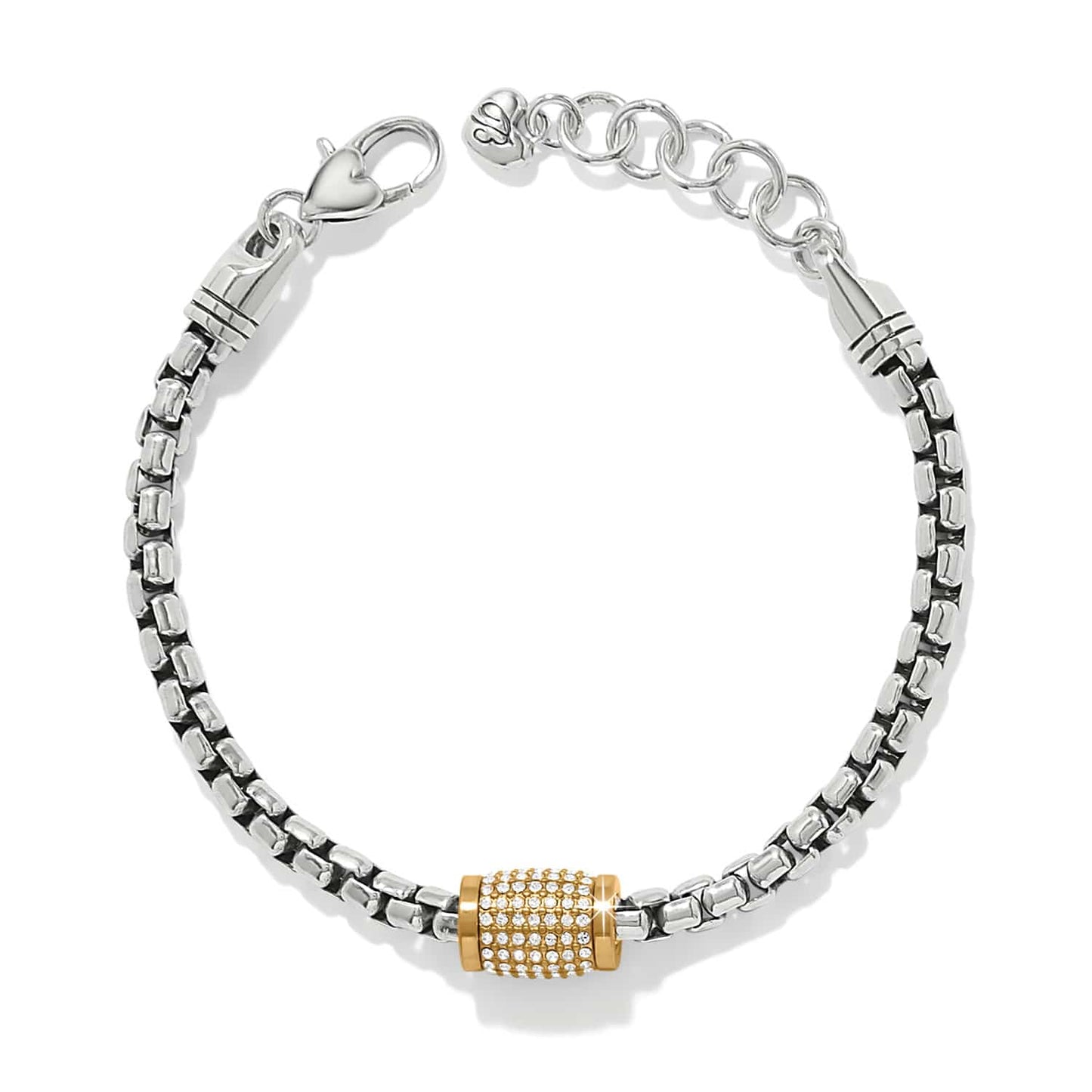 Brighton silver-tone chain bracelet with gold-tone crystal pavé barrel bead and lobster clasp on a white background