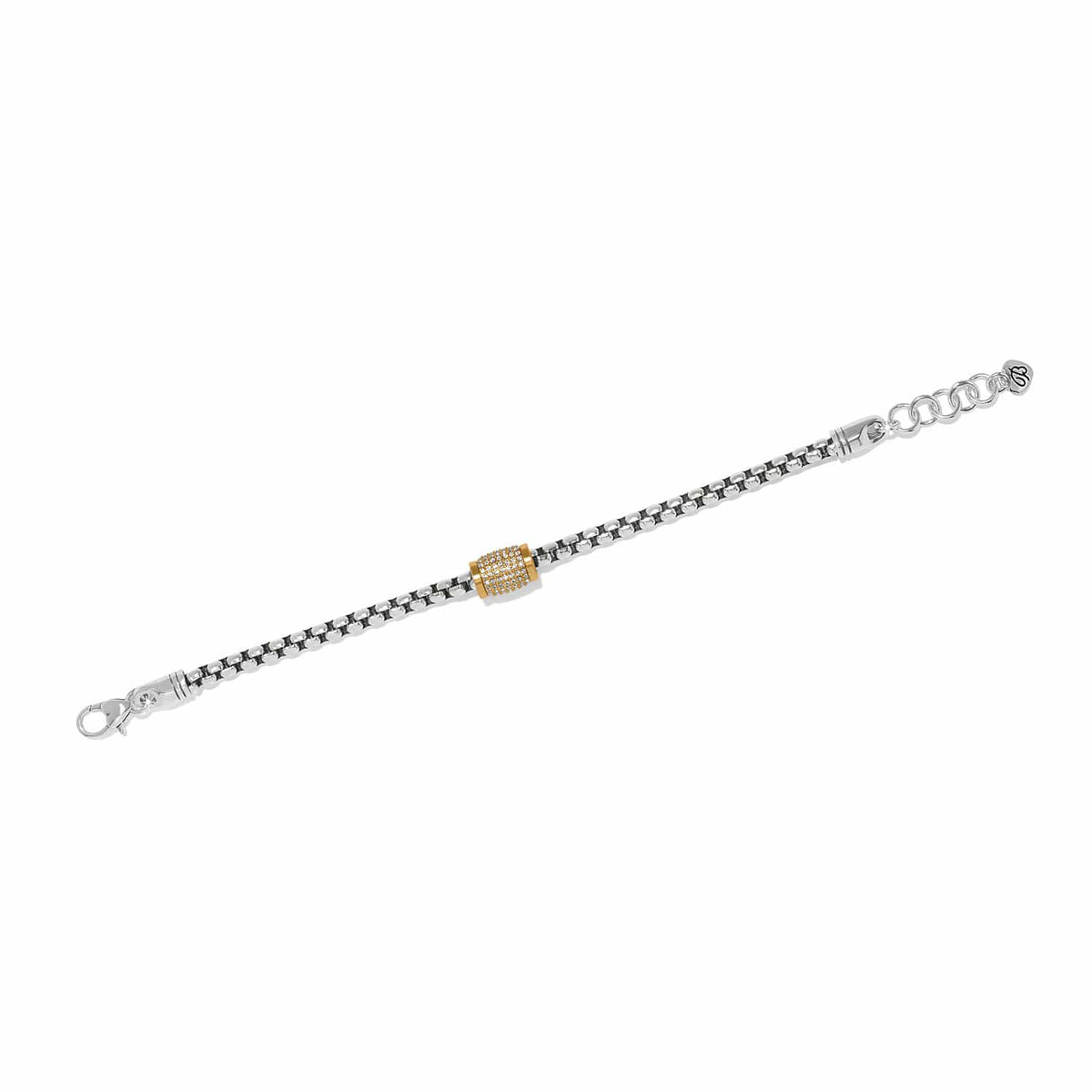 Brighton two-tone bracelet with silver box chain and gold crystal pavé barrel accent on a white background